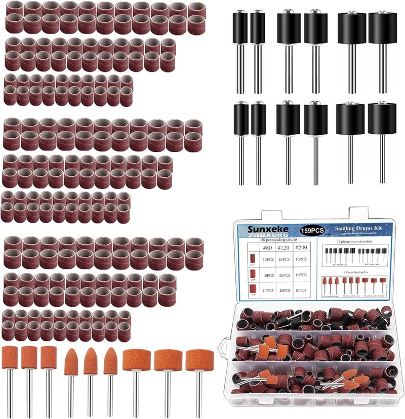 Sunxeke Sanding Drum Set for Dremel Rotary Tools-Includes 138 Aluminum Oxide Drum Sander Sanding Sleeves (80,120,240 Grit),12 Drum Mandrels and 9 Sanding Bits,Sanding Bits Tool Accessories with Box - Image 1